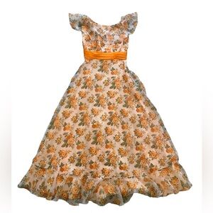 Orange crush floral prairie 1970s peasant maxi dress vintage flutter sleeve M/L
